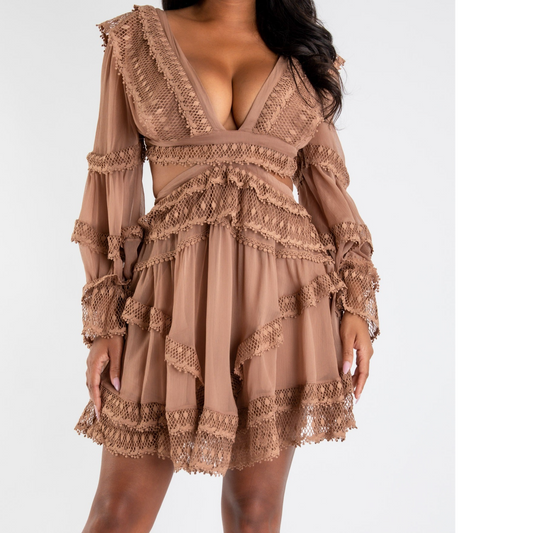 FLIRTY BROWN RUFFLED OPEN BACK DRESS